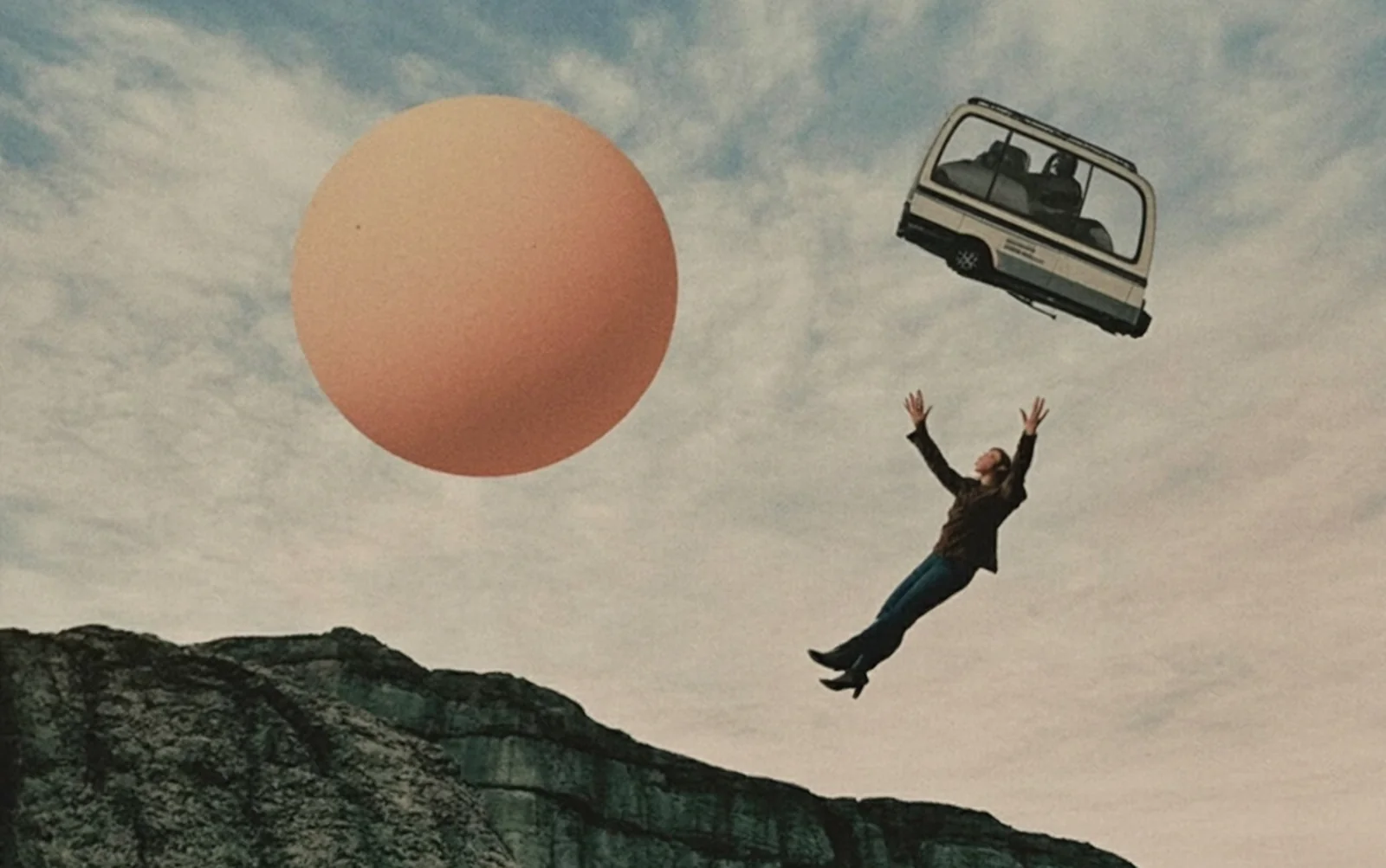 Surreal collage: a figure leaping toward a floating cabin.