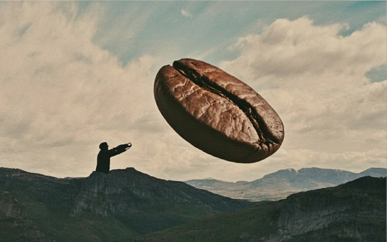 Surreal landscape: a figure on a hillside facing a floating coffee bean.