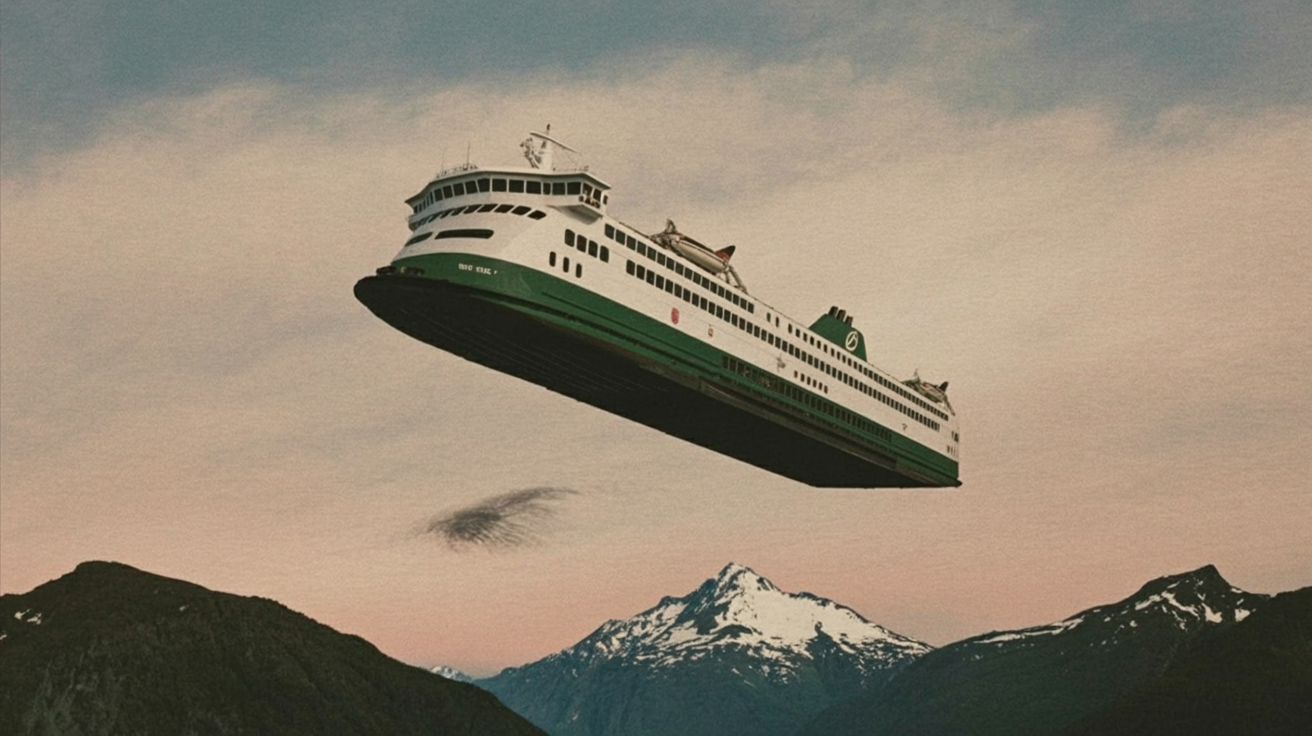 Surreal landscape: a Washington State Ferry floating above snowcapped mountains.